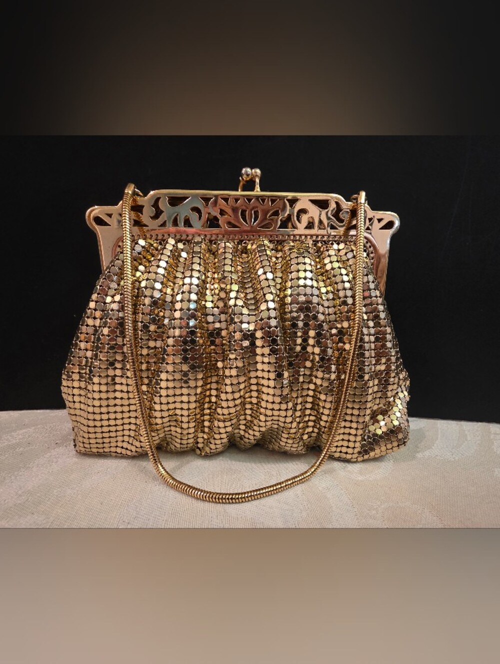 Whiting & Davis Vintage Gold Evening Bag Filigree Frame Style Model 2898